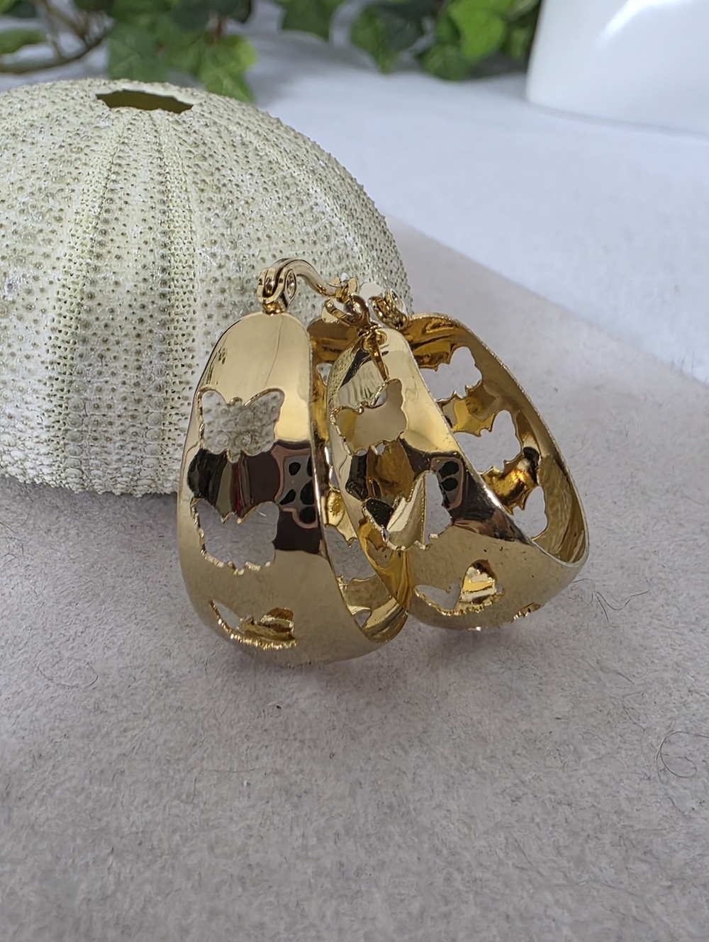 Gold Stainless Steel Hoop Earrings Cutout Butterfly Design